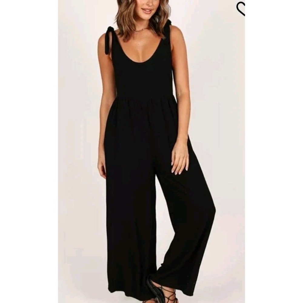 NWT Petal and Pup Black Ayla Linen Jumpsuit Wide Leg Tie Shoulder S Beach Cruise